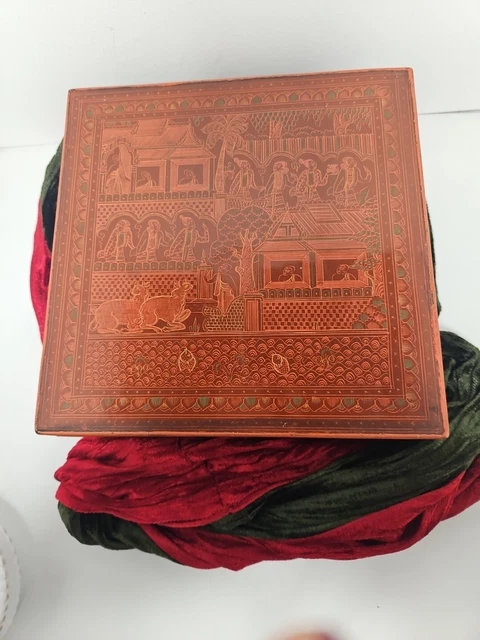 Burmese? Asian Handmade Lacquer Red Box Betel Storage Container Boho MCM 8x8in