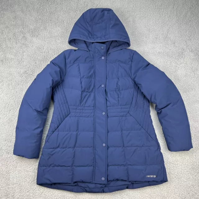 Lands' End Coat Womens Medium Blue Navy Quilted Stretch Down Pockets Hooded