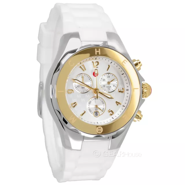 MICHELE Tahitian Jelly Bean Womens 18K Gold Chronograph Watch White Silicone 3