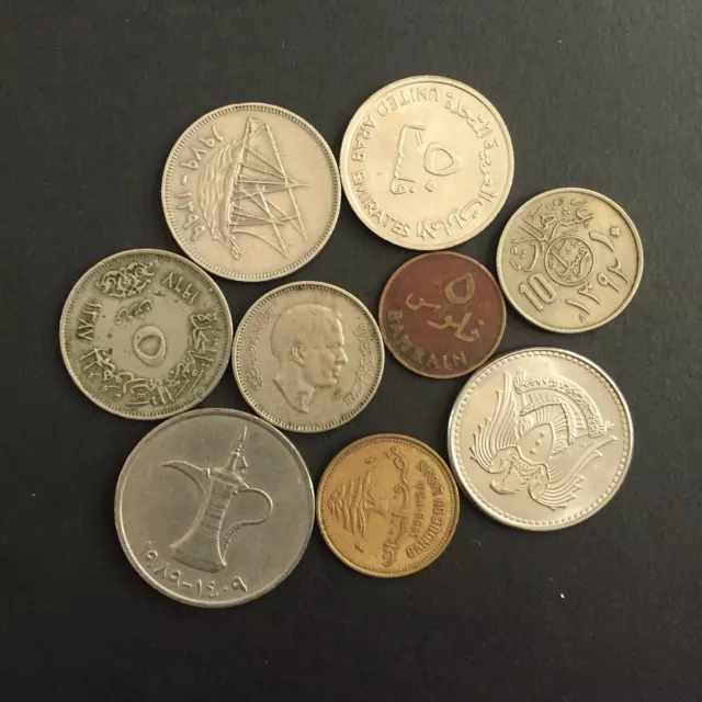 Good Lot Of 9 Arab Coins, Bahrain Kuwait Saudi Uae Egypt Jordan