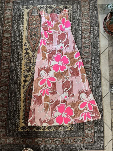 Vtg 60’s Liberty House Hawaii Maxi Dress S Mod Boho Festival floral pink