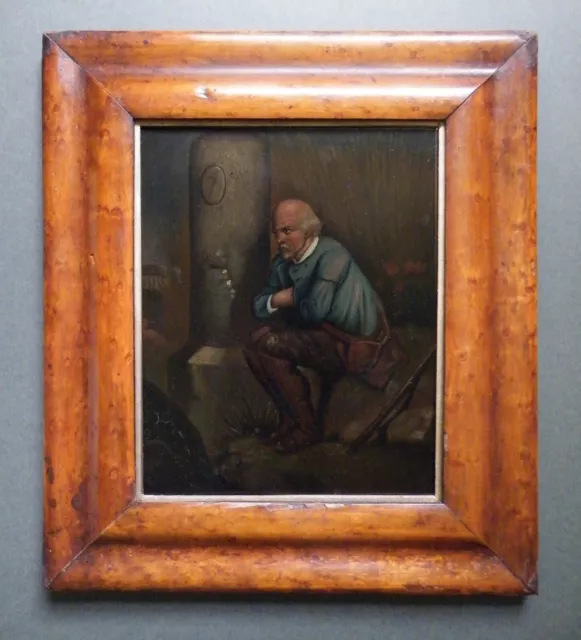 Charming Framed Portrait Of A Resting Traveller.  Early 19th C. Oil Paint On Tin
