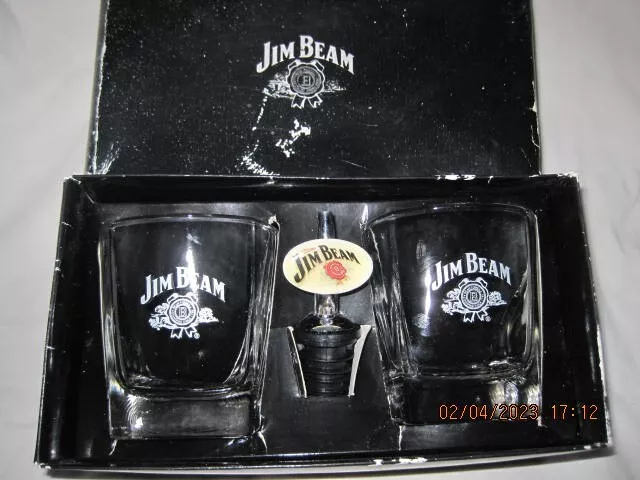 Pair of Jim Beam spirit glasses and pourer