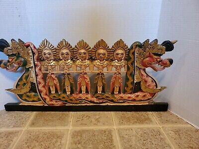 Vintage Old Chinese Hand-Carved Painted Dragon Boat Wood Panel Wall Hanging Art
