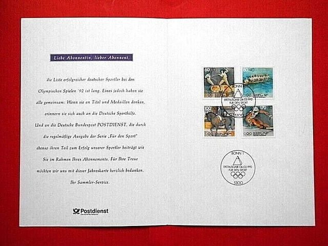 Beleg Briefmarken Ersttagsblatt BRD 1992 Sporthilfe Olympiade Mi. Nr. 1592-1595