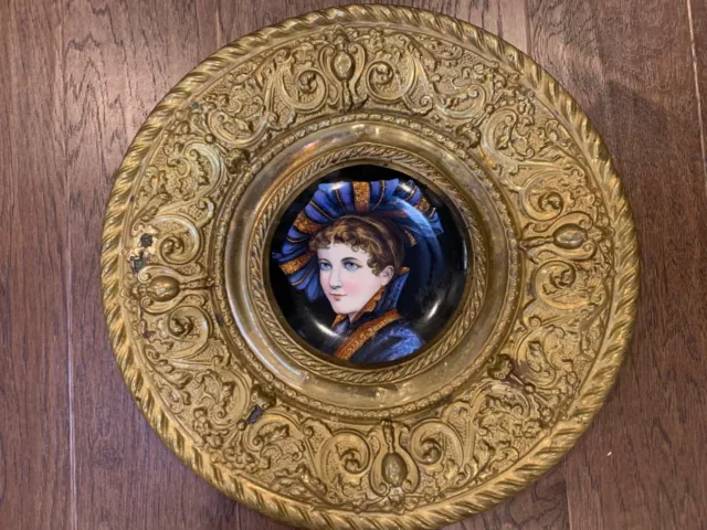 Antique Porcelain French Sevres Style Gilt Portrait Porcelain Framed Plate