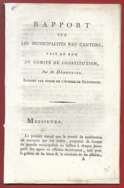 1790 RAPPORT SUR LES MUNICIPALITES PAR CANTON DEMEUNIER du JURA