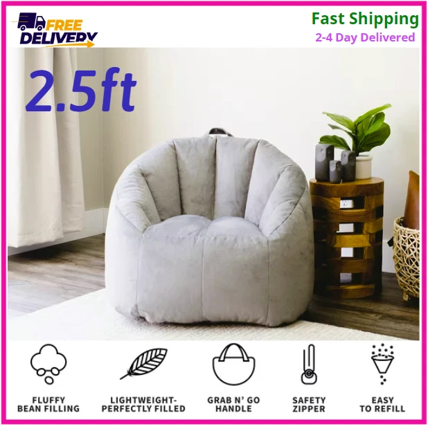 Big Joe Joey Bean Bag Chair, Plush, Kids/Teens, 2.5ft, Gray - NEW