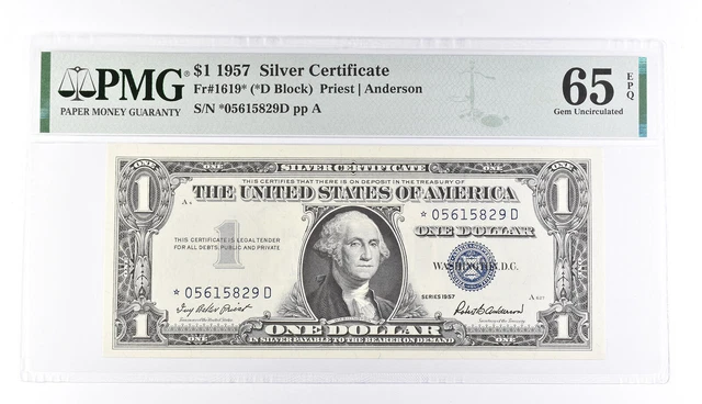 1 1957 Silver Certificate PMG 65 EPQ Gem New, Fr# 1619* (*D Block) *535