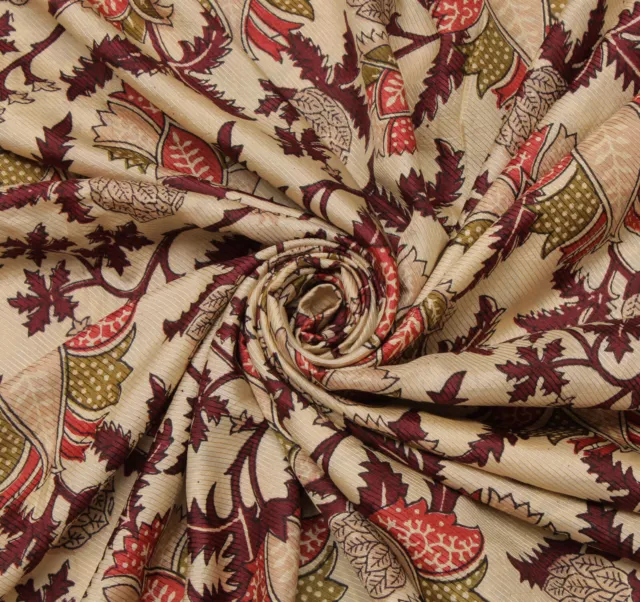 Sushila Vintage Cream Saree 100% Pure Silk Printed Floral Soft Sari Craft Fabric