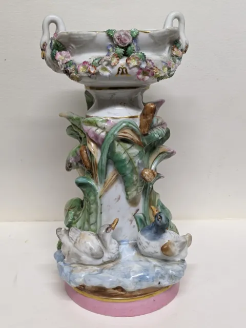Antique Victorian Porcelain Centerpiece Bowl Vase with ducks & swans marked ML 3