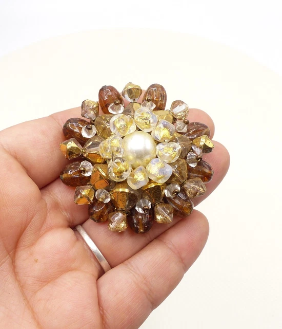 Broche Vintage Ancienne – Pâte De Verre Style Vitrail – Couleurs Orange Et Violet – Bijou Rétro