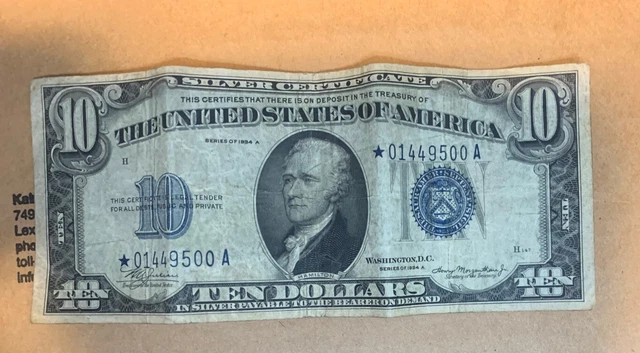 1934-A, $10.00, Blue Silver Certificate One Dollar Star Note