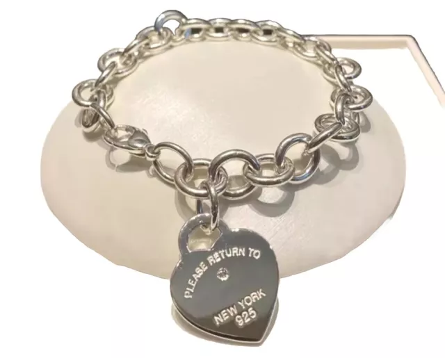 Bracciale Argento Sterling 925  a Maglia Con Cuore Zircone, Cm 19