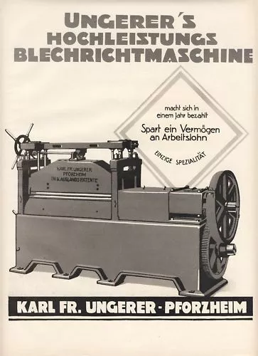 Ungerer Pforzheim Maschinenfabrik Blech Reklame XL 1926 (N)