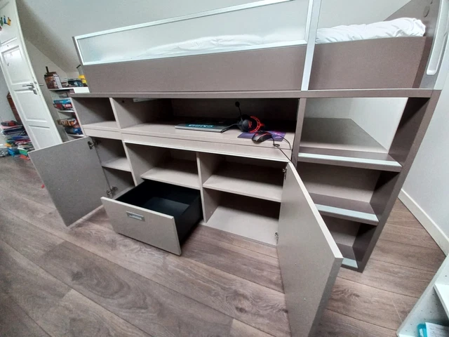 Lit Mezzanine Blanc Avec Bureau Intégré Et Rangement - Bois Massif - 90x200 Cm - Pour Enfant à Partir De 6 Ans