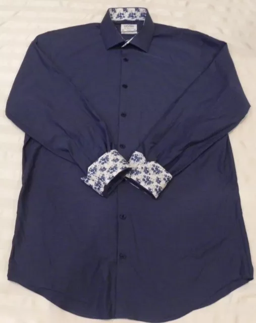 T M Lewin L/S Button Up Blue Contrast Collar Cuffs Slim Fit Men Shirt Sz 16.5/36