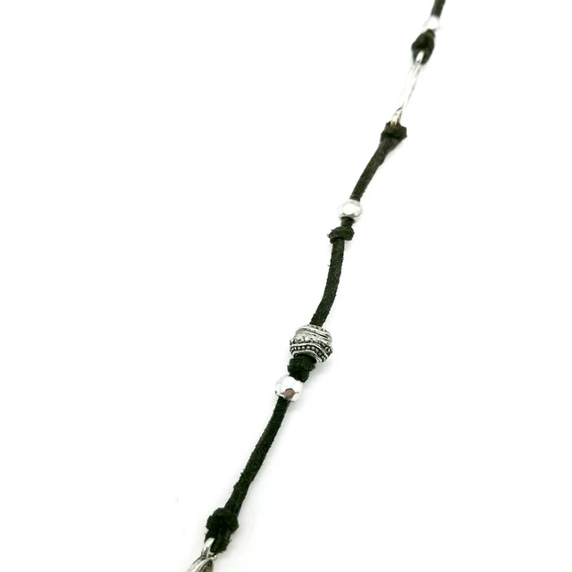 Charming Charlie Signed Necklace Hammered Circle Brown Suede Feather Silvertone 3