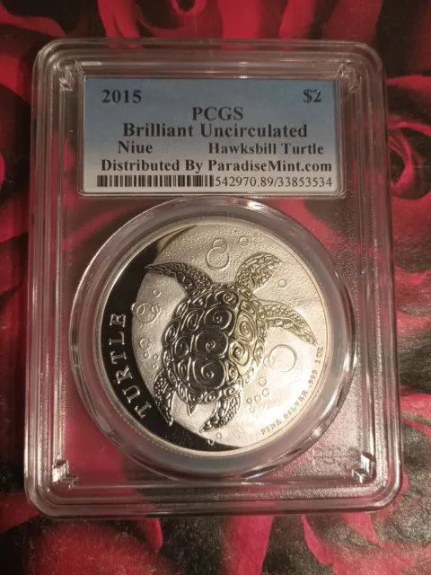 🐢2015 $2 1oz .999 Fine Silver Brilliant Uncirculated Niue Hawksbill Turtle PCGS