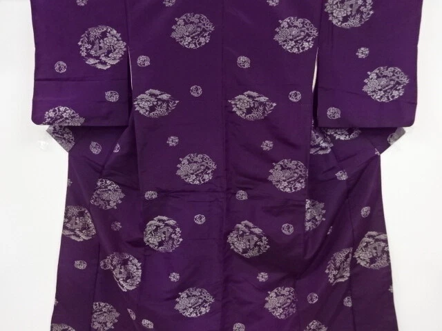 42772# Japanese Kimono / Antique Kimono / Woven Flower Roundel & House