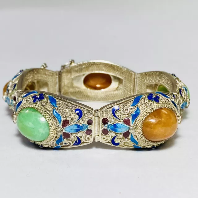 Chinese Export Silver Filigree Jade Enamel 6.9" Curved Panel Bracelet 46g