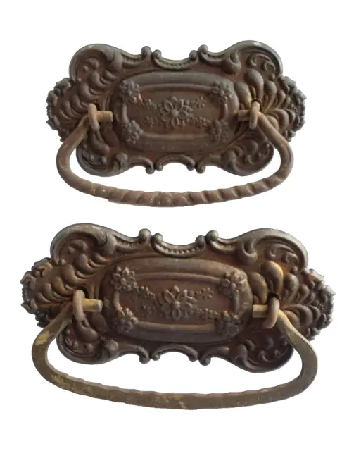 Pair Of Antique Eastlake Style Brass & Cast Iron Floral Dresser Drawer Pull 5"