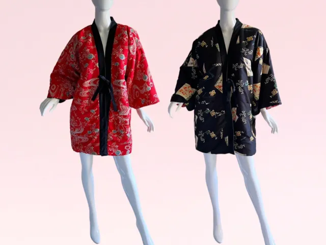 Vintage 1970s Japanese Kimono Novelty Print Bow Puffer Jacket