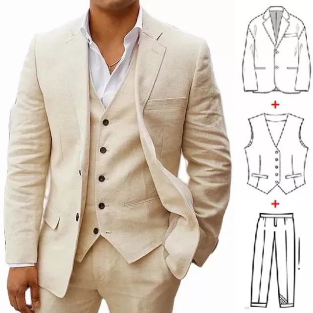 3-piece linen summer men's set casual jacket vest with pants 2023