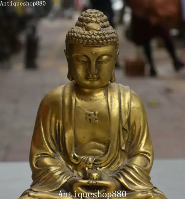 23CM Chinese Tibet Buddhism Bronze Lotus Shakyamuni Sakyamuni Buddha Robe Statue 2