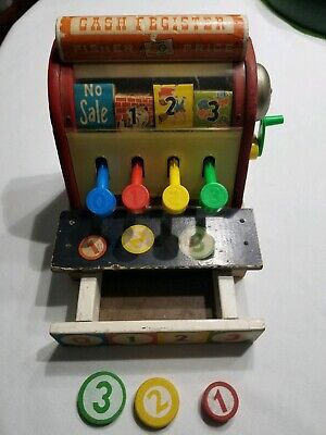 Vintage 1960  Antique Wood Fisher-Price Cash Register With Wood Coins