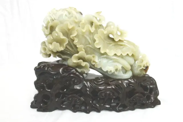 Well  Hand  Carved  Chinese  He-Tian  Jade  Cabbage  On  A   Carved  Wood  Stand