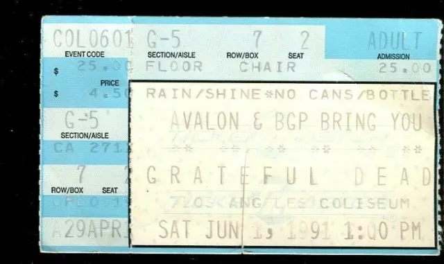 Ticket Concert Grateful Dead Jerry Garcia 1991 6.1 Los Angeles Coliseum