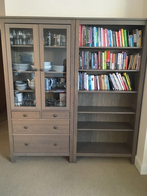 IKEA HEMNES GLASS-DOOR cabinet with 3 drawers, grey-brown, solid wood,  90x197cm 87.66 - PicClick UK