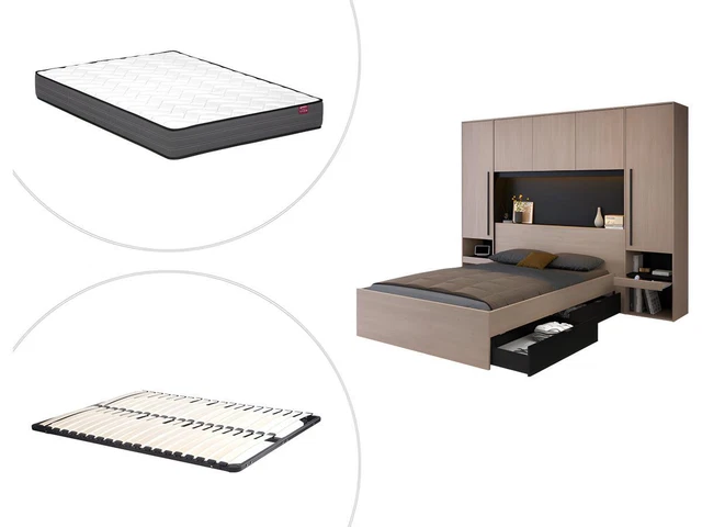 LIT PONT 140 x 190 cm avec rangements - Avec LEDs - Coloris : Naturel