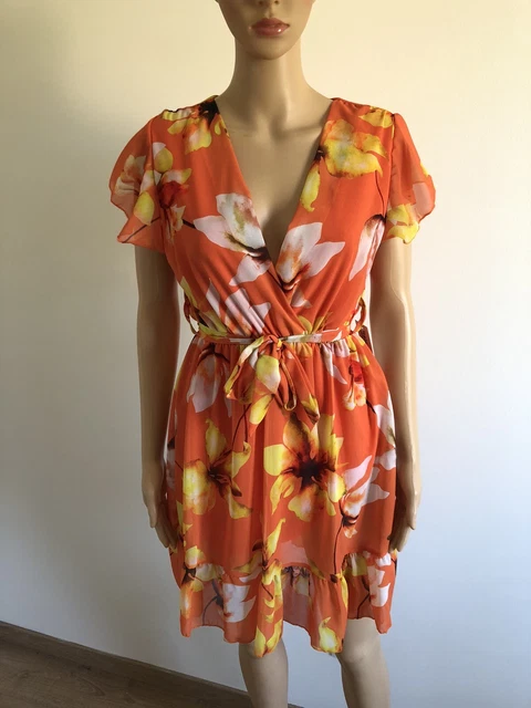 Robe D'Été Fluide Imprimée Jacqueline Riu - Marron/Noir/Orange - Taille 4 - Occasion TB