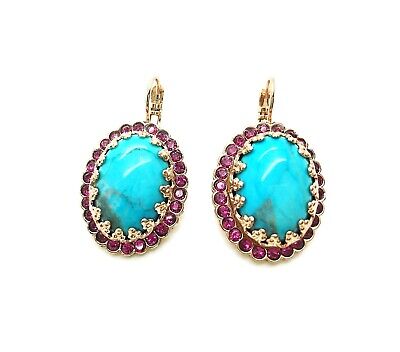 Mariana Earrings Oval Howlite Chinese Turquoise Mineral Beaded with Fuchsia A...