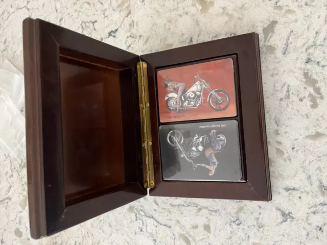 2 decks Vintage pinup motorcycle  Playing cards in wooden used card box