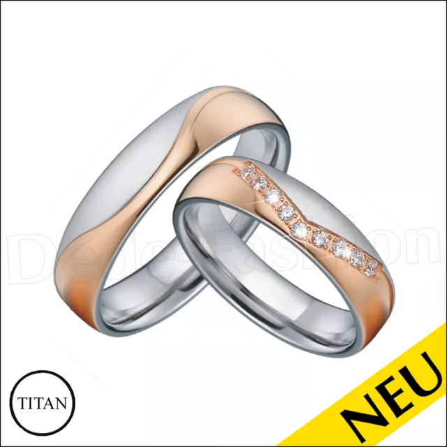 NEU Eheringe TITAN Rosegold RING Bicolor ZIRKONIA Partnerringe Trauringe