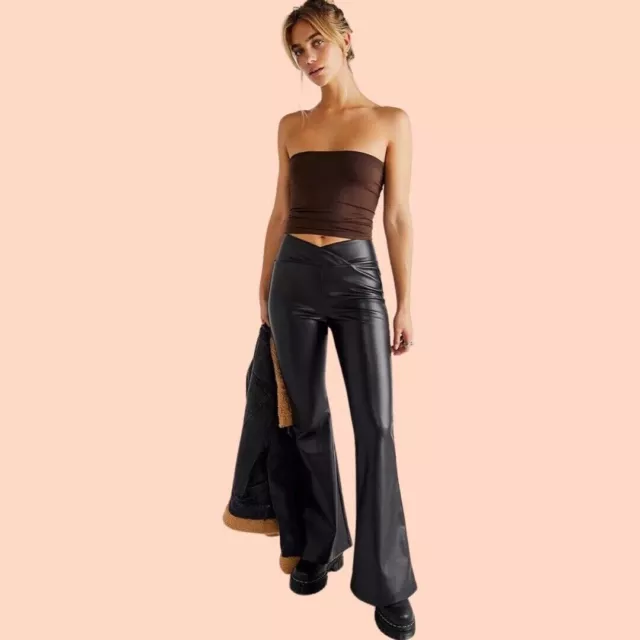 Free People Venice Beach Vegan Leather Flared Black Pants Size 27