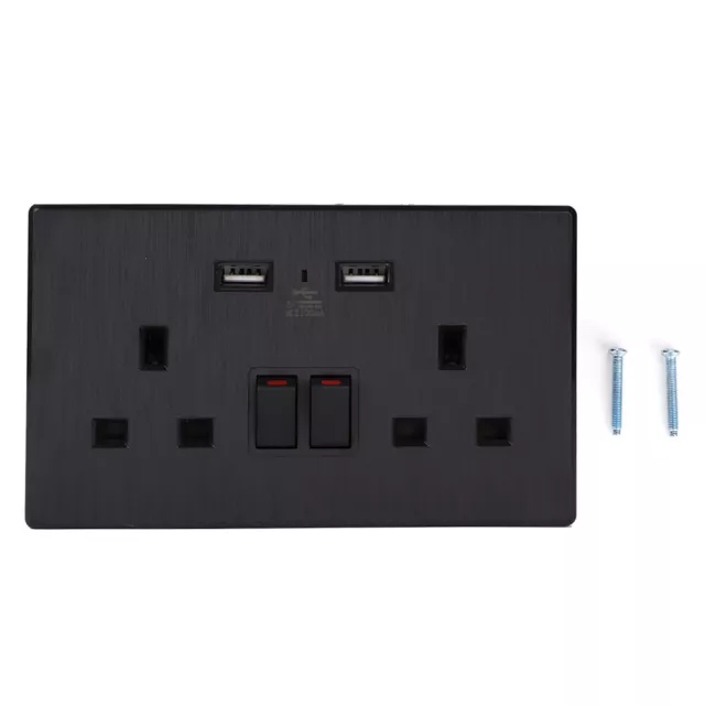 Stainless Steel Double Wall Plug Socket USB Black Flat Plate UK Plug New SD