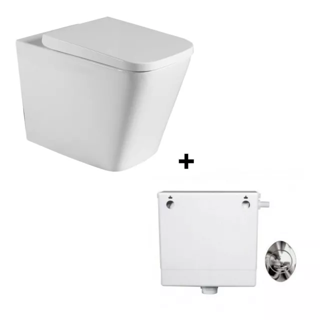 Square Back to Wall BTW Toilet White Ceramic WC Pan Soft Close Seat Space Saving
