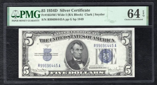 FR. 1654Wi 1934-D $5 SILVER CERTIFICATE CURRENCY NOTE PMG UNCIRCULATED-64EPQ (B)