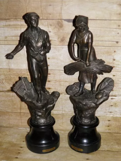 Victoria Pair of French Lady & Gent L'Agriculture Farm Bronzed Spelter Figures