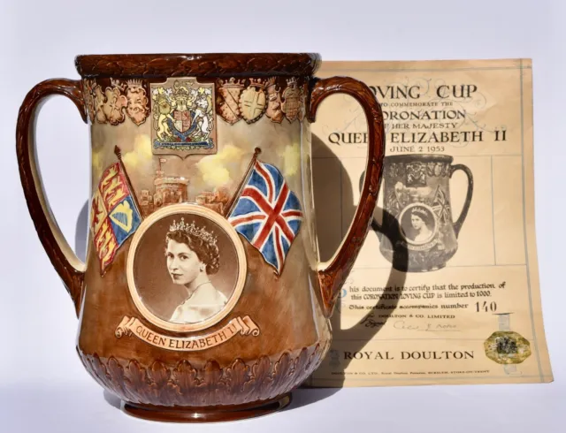 Rare!! HUGE Royal Doulton Loving Cup QUEEN ELIZABETH II CORONATION & Certificate