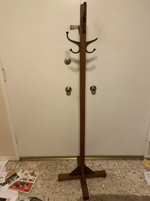 Vintage Rustic Mission Arts & Crafts Oak Wood Coat & Hat Rack Hall Tree Hooks