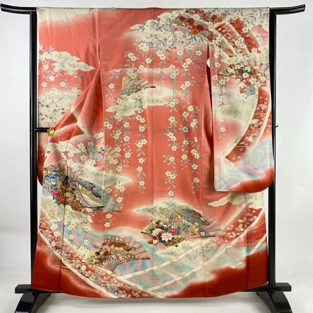 Japanese Kimono Furisode Pure Silk Screen Flower Gold Thread Gold Paint Pink