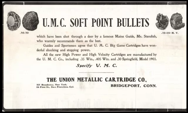 1904 Original Gun Print Ad U.M.C. Soft Point Bullets Union Metallic Cartridge Co