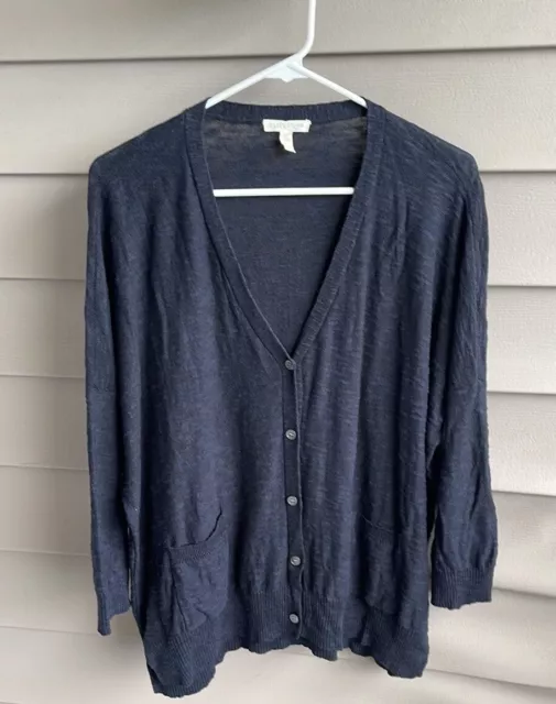 EILEEN FISHER Cardigan Large Cotton Linen Button Front Lagenlook Black