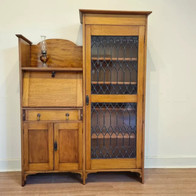 Antique Oak Leadlight Secretaire Drop Front Bureau Desk Bookcase Display. C1920s