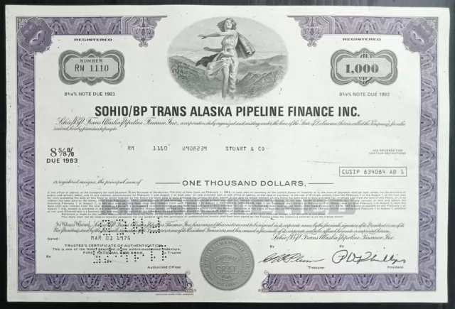 AOP USA 1975 Sohio/BP Trans Alaska Pipeline Finance INC.1,000 shares certificate